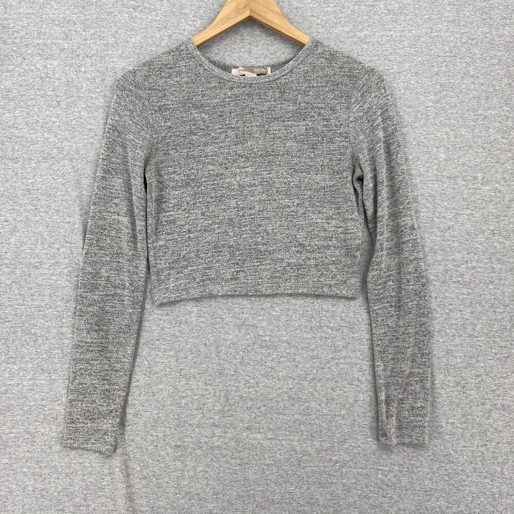 Forever 21 Blouse Womens Small Gray Long Sleeve Cropped Stretch Tee Crew Neck